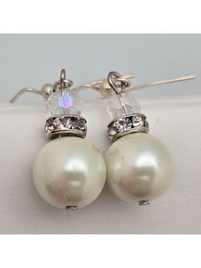 Handmade Silver-Tone Glass Faux Pearl & Rhinestone Drop Earrings